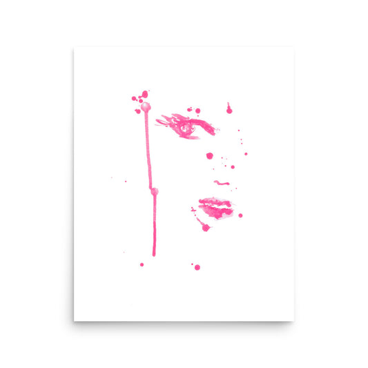 Image of illustration of a female face looking to her right side, in pink watercolour pencil